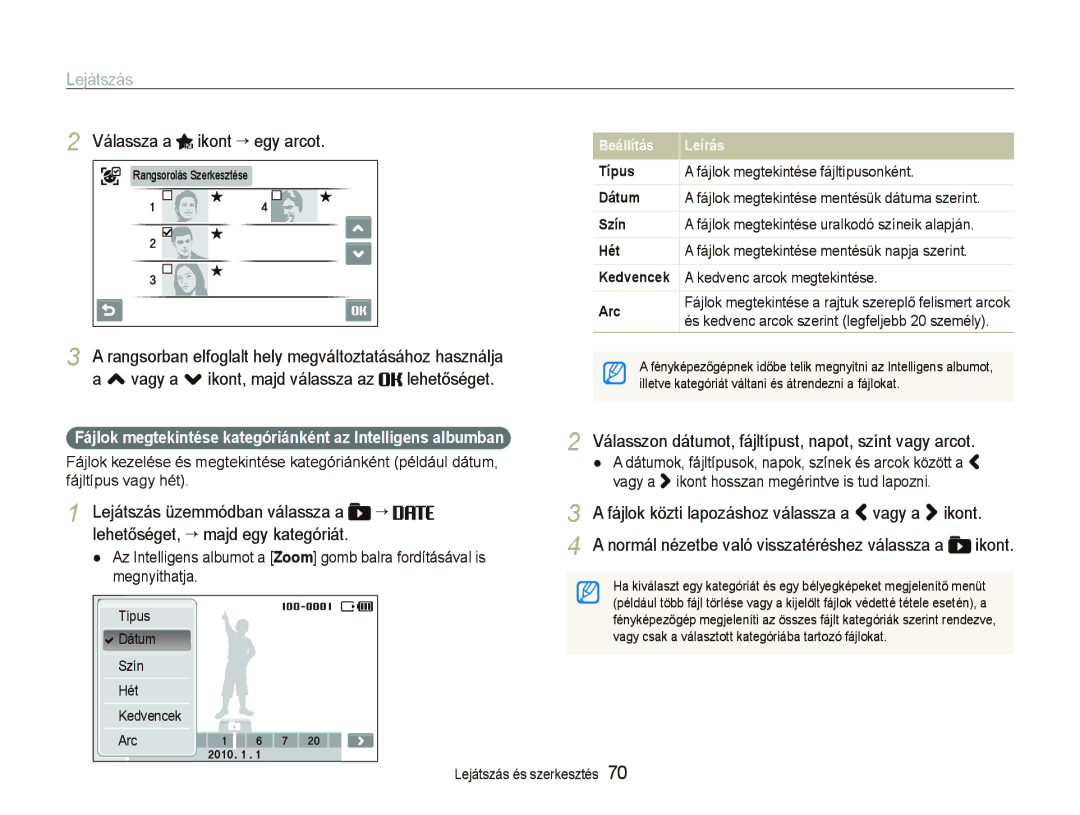 Samsung EC-ST5500BPBE2 manual Válassza a ikont “ egy arcot, Válasszon dátumot, fájltípust, napot, színt vagy arcot 