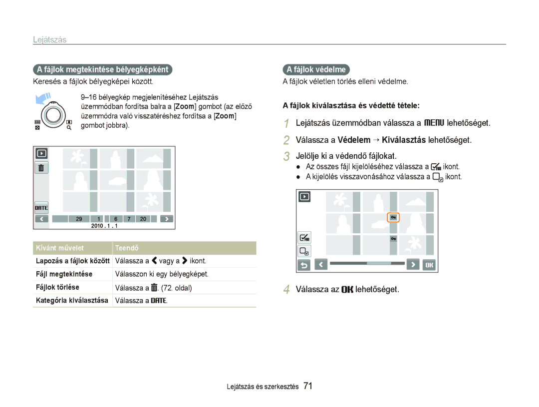 Samsung EC-ST5500BPBE3 manual Fájlok megtekintése bélyegképként, Fájlok védelme, Fájlok kiválasztása és védetté tétele 