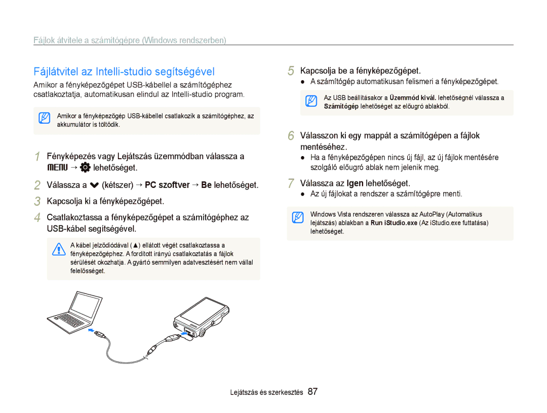 Samsung EC-ST5500BPBE3 Fájlátvitel az Intelli-studio segítségével, Fájlok átvitele a számítógépre Windows rendszerben 