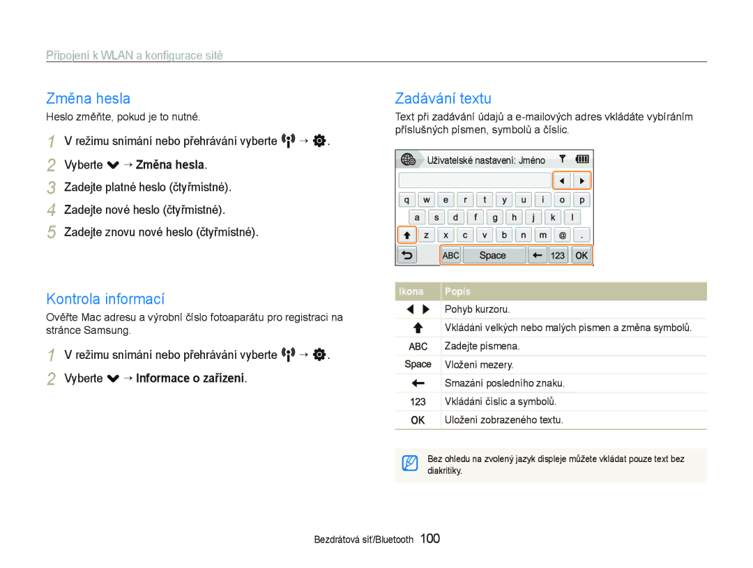 Samsung EC-ST5500BPAE3, EC-ST5500BPBE3, EC-ST5500BPOE3 manual Změna hesla, Kontrola informací, Zadávání textu 