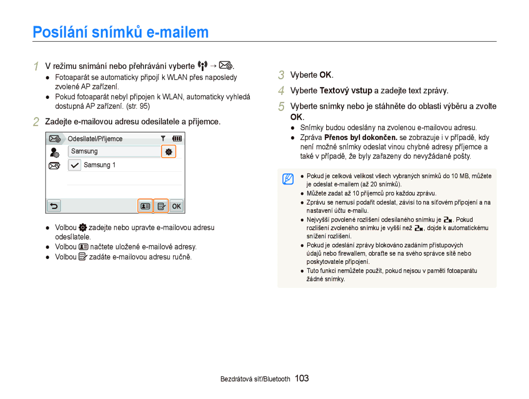 Samsung EC-ST5500BPAE3, EC-ST5500BPBE3 manual Posílání snímků e-mailem, Zadejte e-mailovou adresu odesílatele a příjemce 