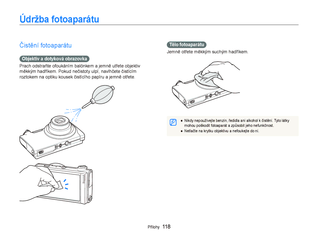 Samsung EC-ST5500BPAE3 manual Údržba fotoaparátu, Čistění fotoaparátu, Objektiv a dotyková obrazovka, Tělo fotoaparátu 