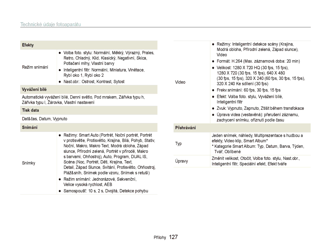 Samsung EC-ST5500BPAE3, EC-ST5500BPBE3, EC-ST5500BPOE3 manual Technické údaje fotoaparátu, Efekty 