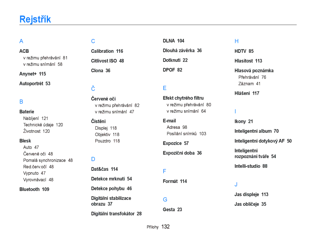 Samsung EC-ST5500BPOE3 Rejstřík, Nabíjení 121 Technické údaje 120 Životnost, Displej Objektiv Pouzdro, Přehrávání Záznam 