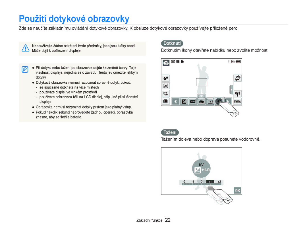 Samsung EC-ST5500BPAE3 manual Použití dotykové obrazovky, Dotknutím ikony otevřete nabídku nebo zvolíte možnost, Tažení 