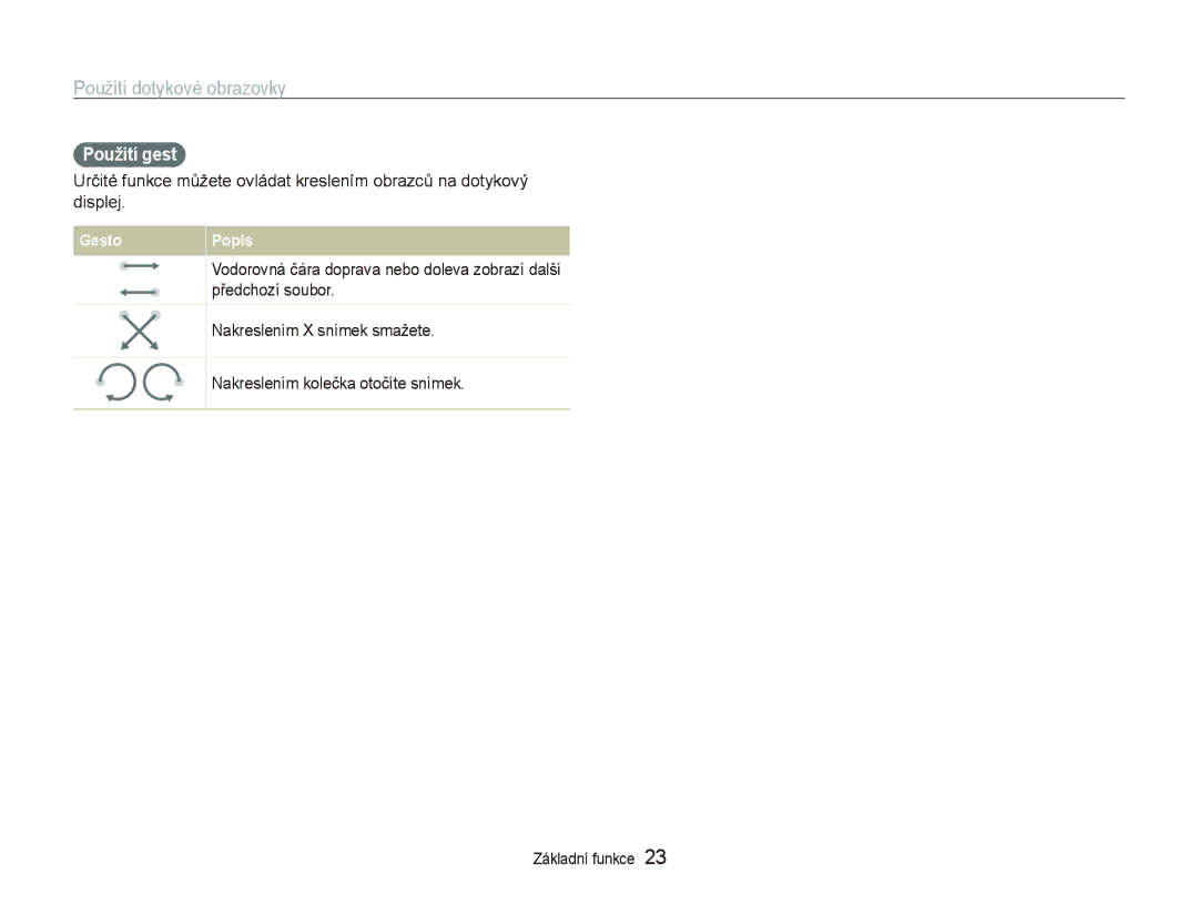 Samsung EC-ST5500BPBE3, EC-ST5500BPOE3, EC-ST5500BPAE3 manual Použití dotykové obrazovky, Použití gest 