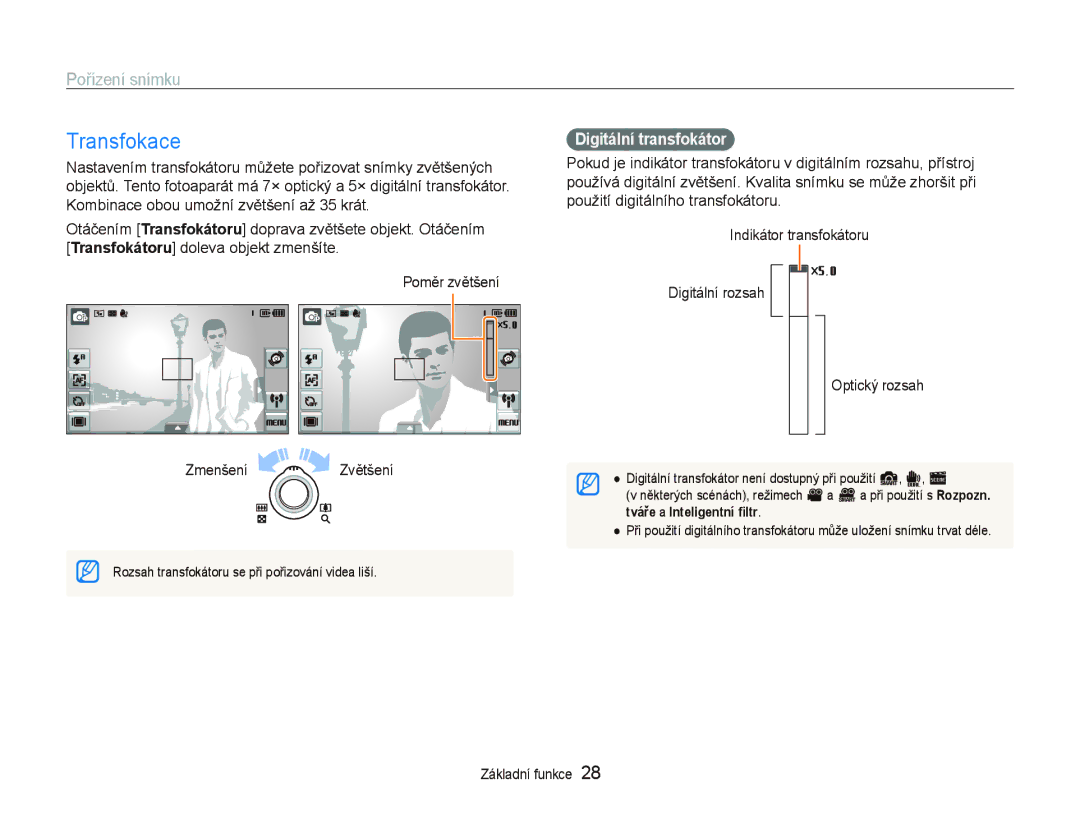 Samsung EC-ST5500BPAE3, EC-ST5500BPBE3, EC-ST5500BPOE3 manual Transfokace, Pořízení snímku, Digitální transfokátor 