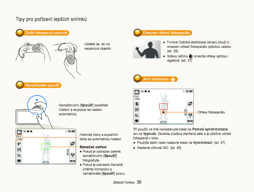 Samsung EC-ST5500BPOE3 manual Držte fotoaparát správně, Namáčkněte spoušť, Rámeček ostření, Omezení otřesů fotoaparátu 