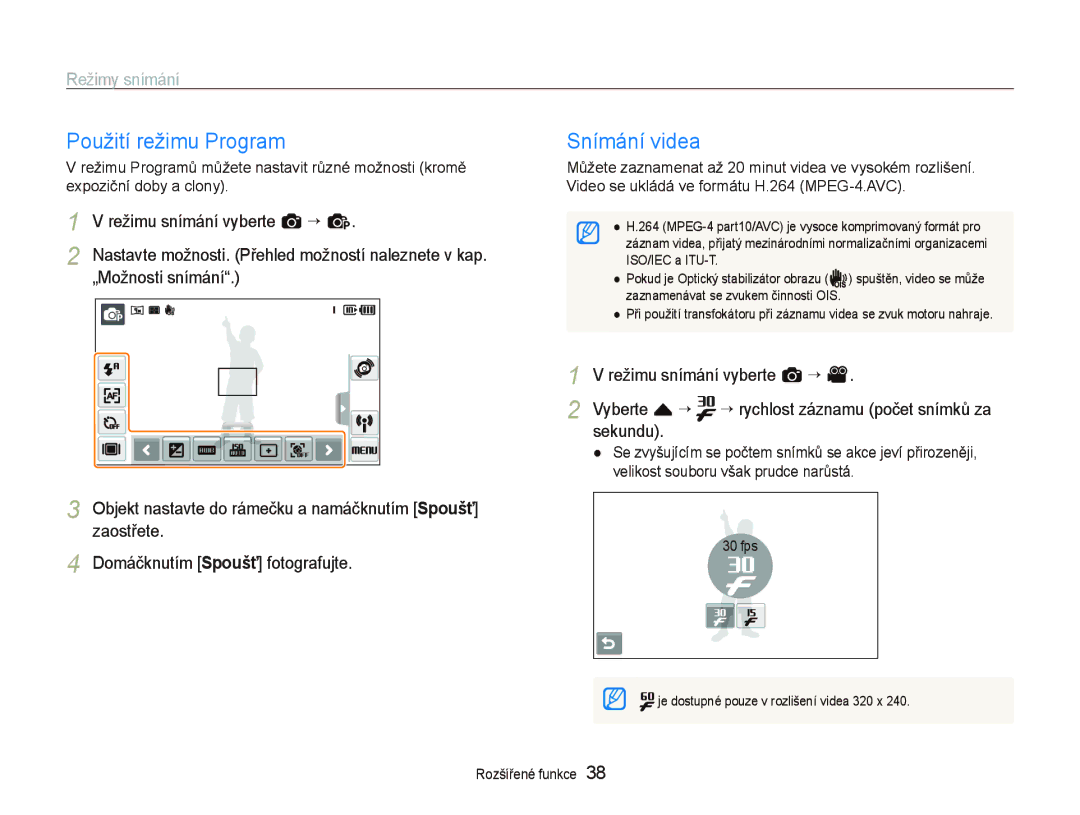 Samsung EC-ST5500BPBE3, EC-ST5500BPOE3, EC-ST5500BPAE3 manual Použití režimu Program, Snímání videa 