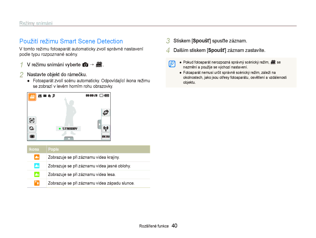 Samsung EC-ST5500BPAE3 manual Použití režimu Smart Scene Detection, Režimu snímání vyberte a “ D Nastavte objekt do rámečku 