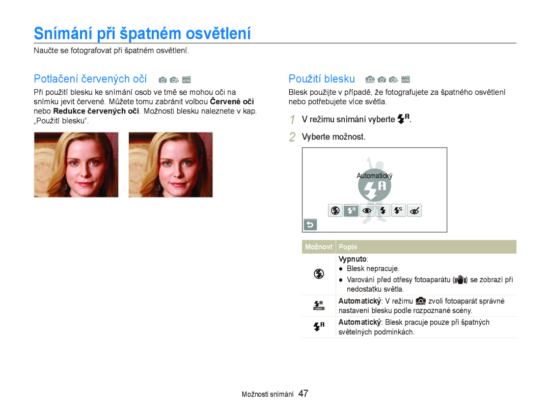 Samsung EC-ST5500BPBE3 manual Snímání při špatném osvětlení, Potlačení červených očí a p s, Použití blesku S a p s, Vypnuto 