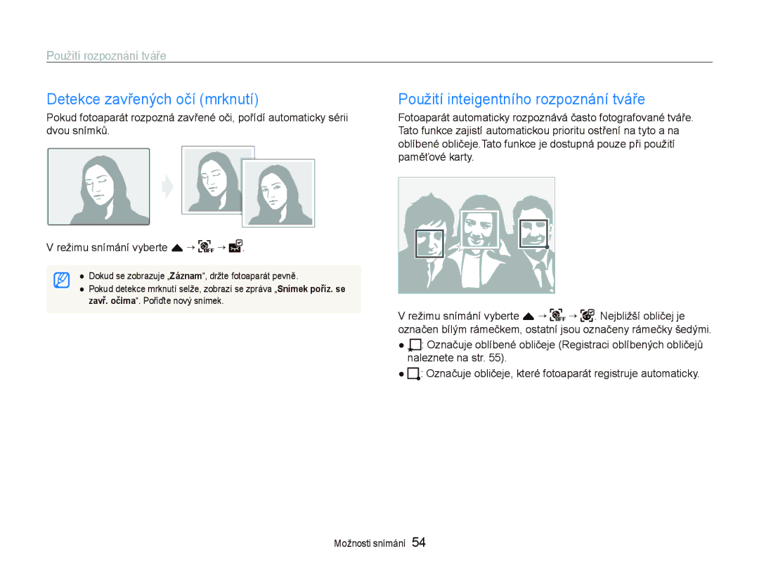 Samsung EC-ST5500BPOE3, EC-ST5500BPBE3 manual Detekce zavřených očí mrknutí, Použití inteigentního rozpoznání tváře 
