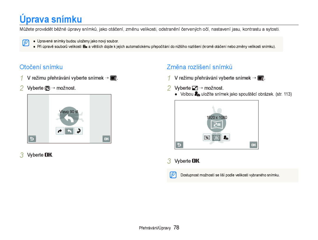 Samsung EC-ST5500BPOE3, EC-ST5500BPBE3, EC-ST5500BPAE3 manual Úprava snímku, Otočení snímku Změna rozlišení snímků, Volbou 