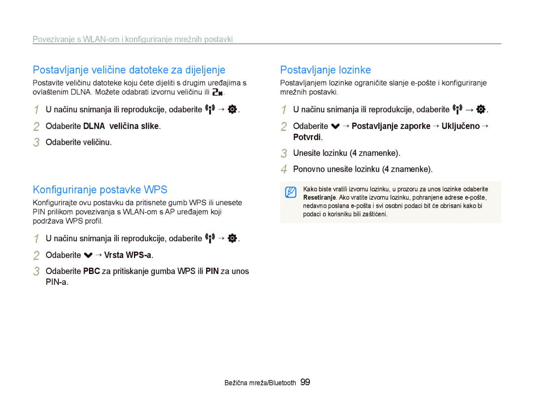 Samsung EC-ST5500BPOE3 Postavljanje veličine datoteke za dijeljenje, Konﬁguriranje postavke WPS, Postavljanje lozinke 