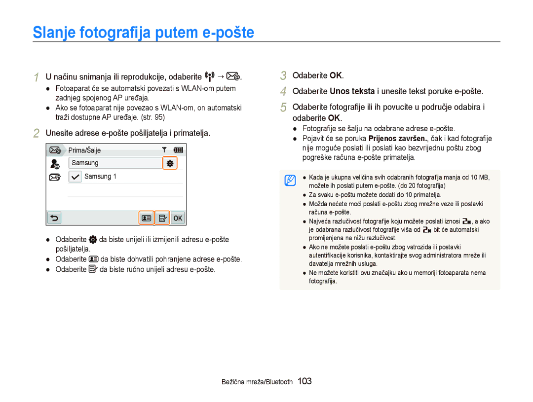 Samsung EC-ST5500BPAE3, EC-ST5500BPBE3 Slanje fotograﬁja putem e-pošte, Unesite adrese e-pošte pošiljatelja i primatelja 