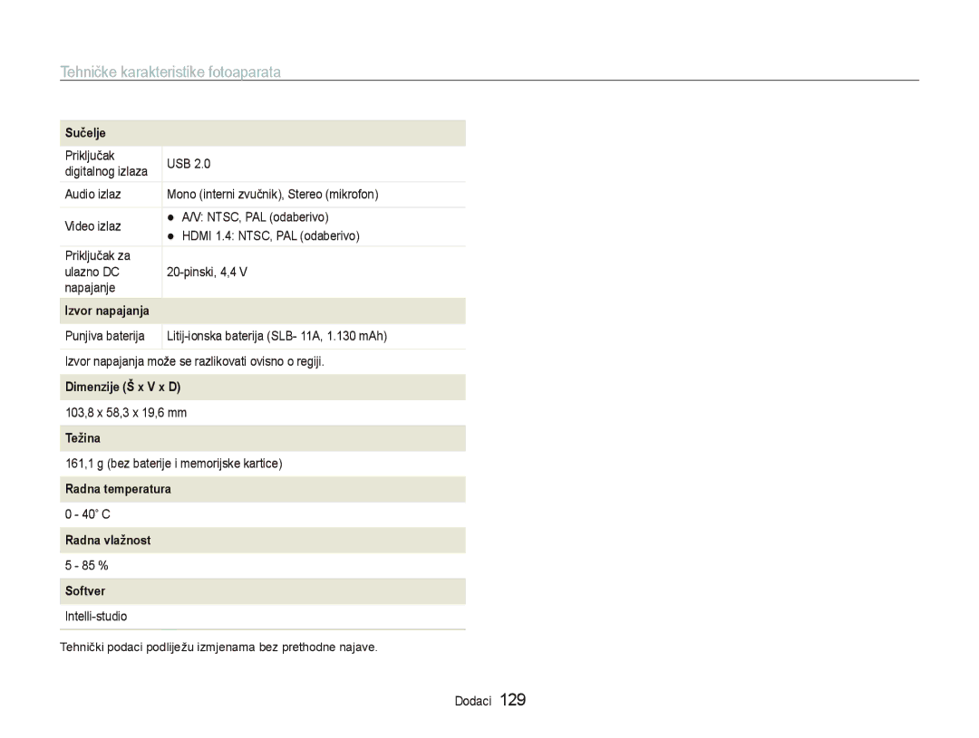 Samsung EC-ST5500BPOE3, EC-ST5500BPBE3, EC-ST5500BPAE3 manual Dimenzije Š x V x D 