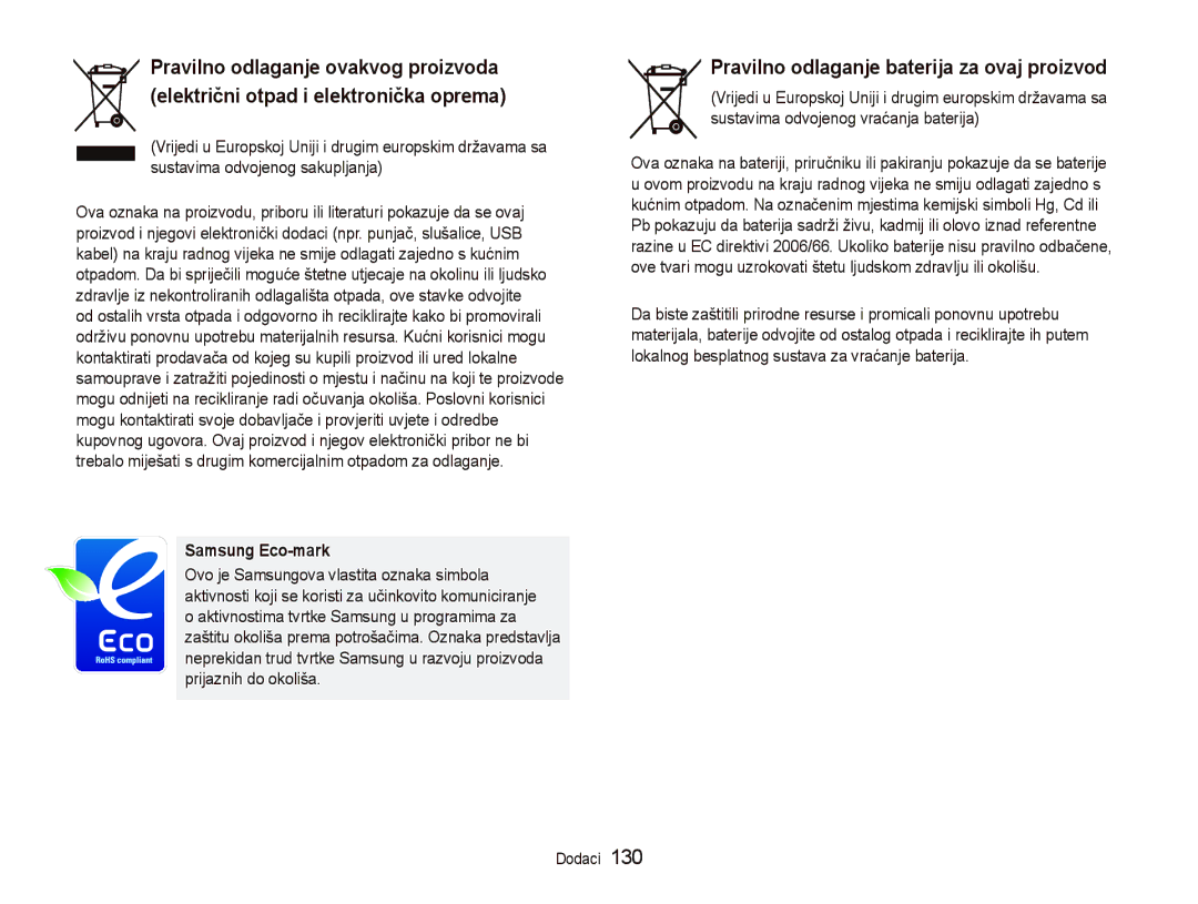 Samsung EC-ST5500BPAE3, EC-ST5500BPBE3, EC-ST5500BPOE3 manual Pravilno odlaganje baterija za ovaj proizvod, Samsung Eco-mark 