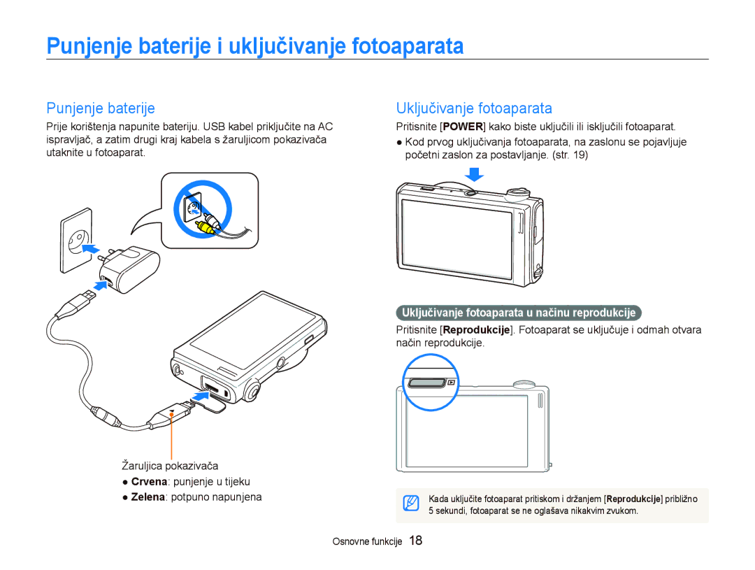 Samsung EC-ST5500BPOE3, EC-ST5500BPBE3 manual Punjenje baterije i uključivanje fotoaparata, Uključivanje fotoaparata 