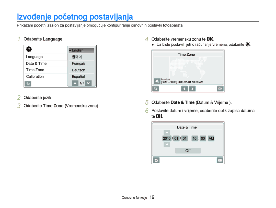 Samsung EC-ST5500BPAE3, EC-ST5500BPBE3 Izvođenje početnog postavljanja, Odaberite Language, Odaberite vremensku zonu te 