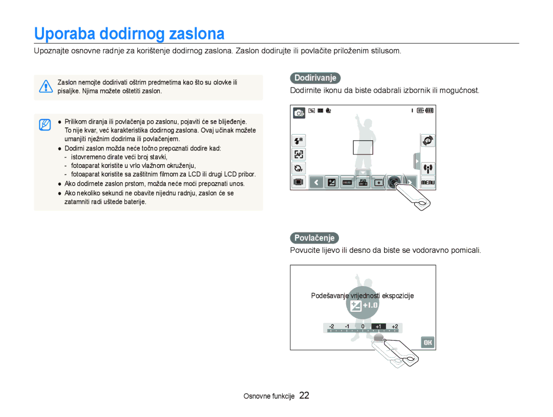 Samsung EC-ST5500BPAE3 Uporaba dodirnog zaslona, Dodirivanje, Dodirnite ikonu da biste odabrali izbornik ili mogućnost 