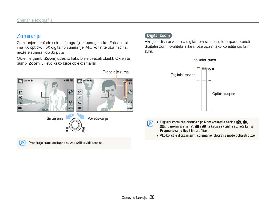 Samsung EC-ST5500BPAE3, EC-ST5500BPBE3, EC-ST5500BPOE3 manual Zumiranje, Snimanje fotograﬁja, Digital zoom 