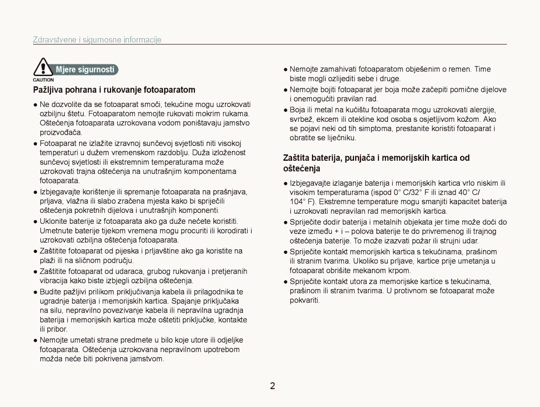 Samsung EC-ST5500BPBE3 Zdravstvene i sigurnosne informacije, Pažljiva pohrana i rukovanje fotoaparatom, Mjere sigurnosti 