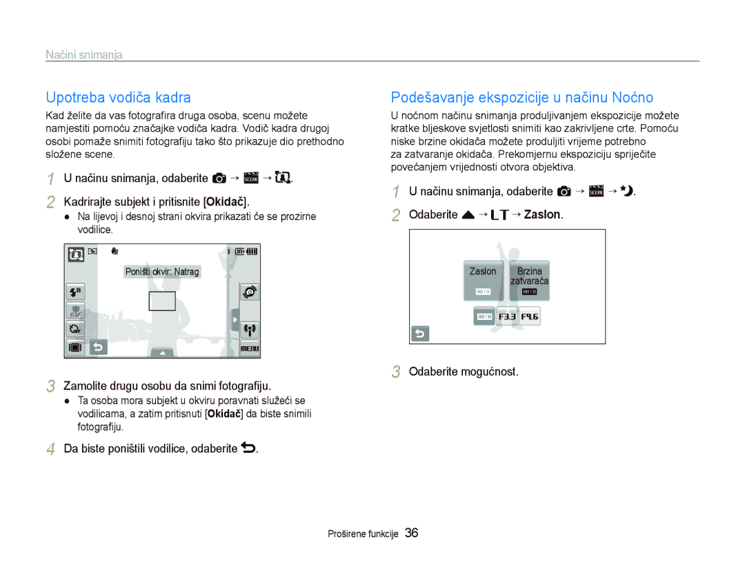 Samsung EC-ST5500BPOE3, EC-ST5500BPBE3, EC-ST5500BPAE3 manual Upotreba vodiča kadra, Podešavanje ekspozicije u načinu Noćno 