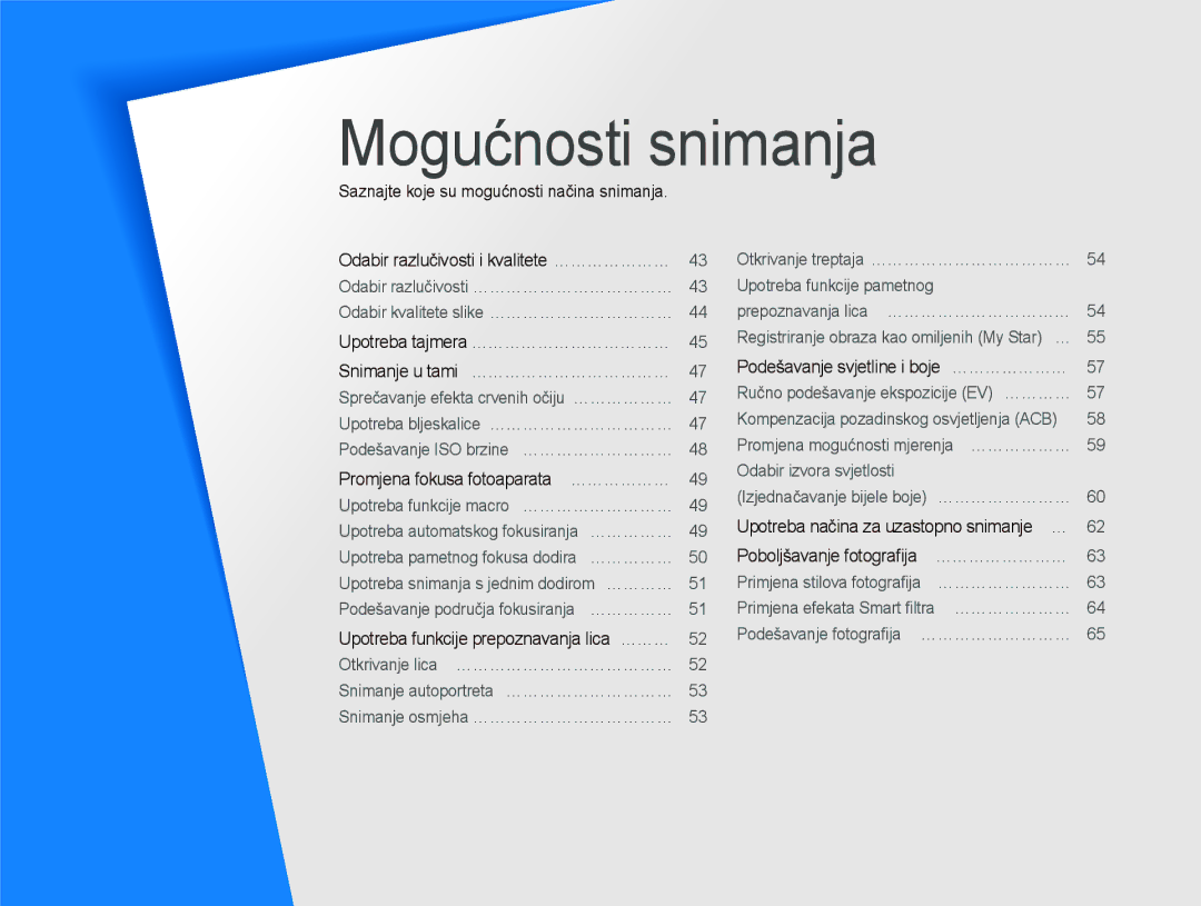 Samsung EC-ST5500BPOE3, EC-ST5500BPBE3, EC-ST5500BPAE3 manual Mogućnosti snimanja 