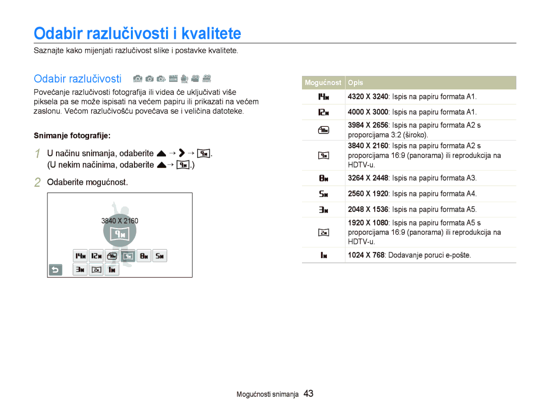 Samsung EC-ST5500BPAE3 manual Odabir razlučivosti i kvalitete, Odabir razlučivosti S a p s d v D, Snimanje fotograﬁje 