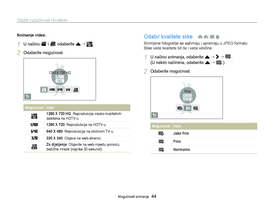 Samsung EC-ST5500BPBE3, EC-ST5500BPOE3 Odabir kvalitete slike a p s d, Odabir razlučivosti i kvalitete, Snimanje videa 