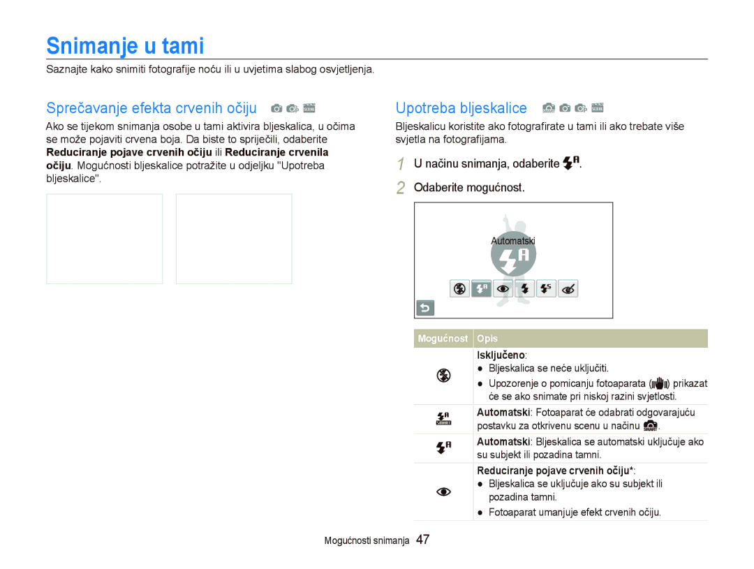 Samsung EC-ST5500BPBE3 manual Snimanje u tami, Reduciranje pojave crvenih očiju ili Reduciranje crvenila, Isključeno 