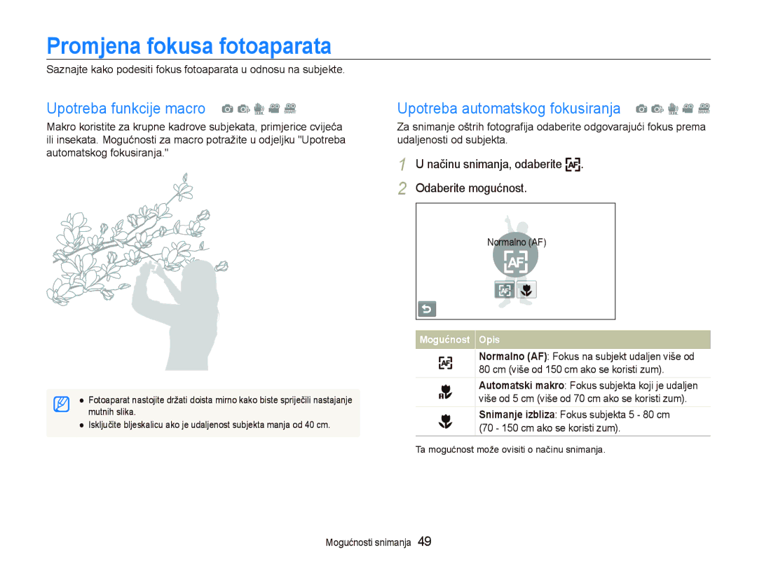 Samsung EC-ST5500BPAE3, EC-ST5500BPBE3, EC-ST5500BPOE3 manual Promjena fokusa fotoaparata, Upotreba funkcije macro a p d v D 
