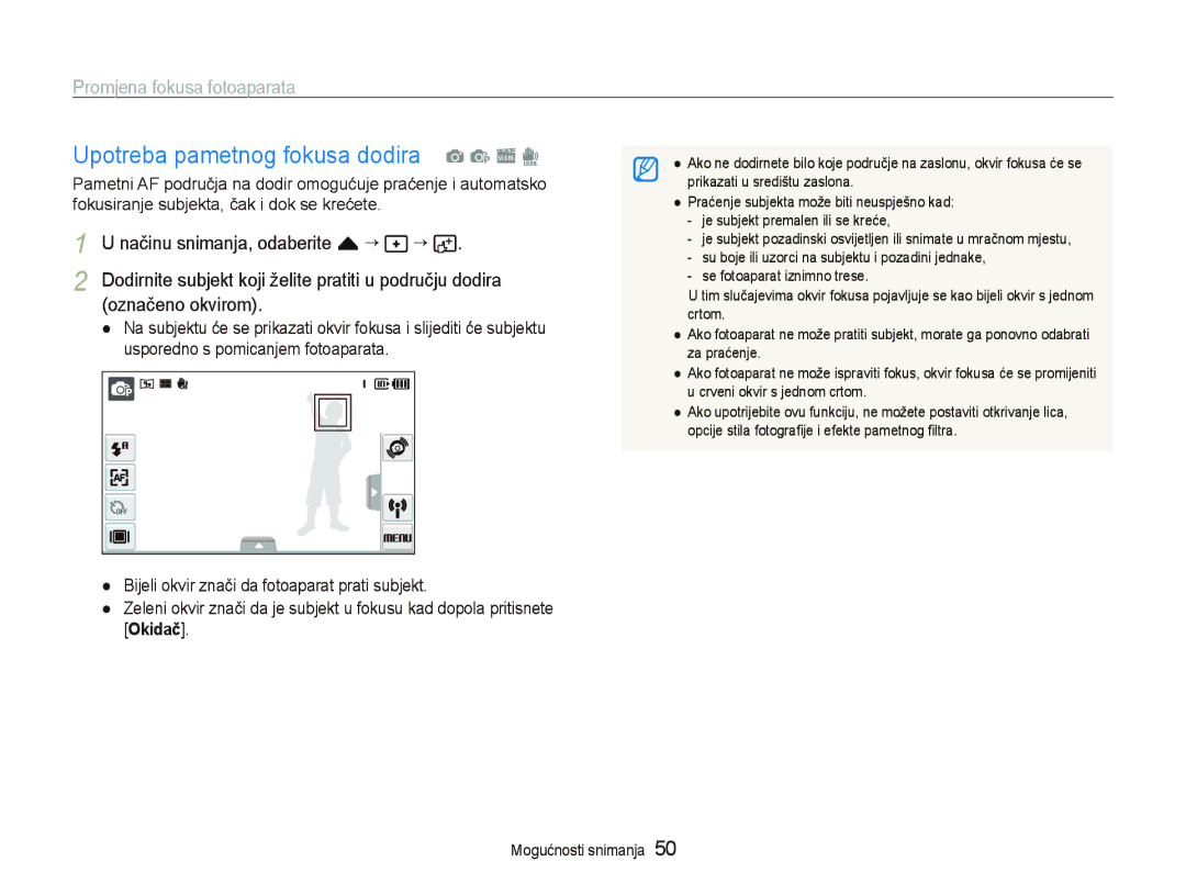 Samsung EC-ST5500BPBE3 manual Upotreba pametnog fokusa dodira a p s d, Promjena fokusa fotoaparata, Označeno okvirom 