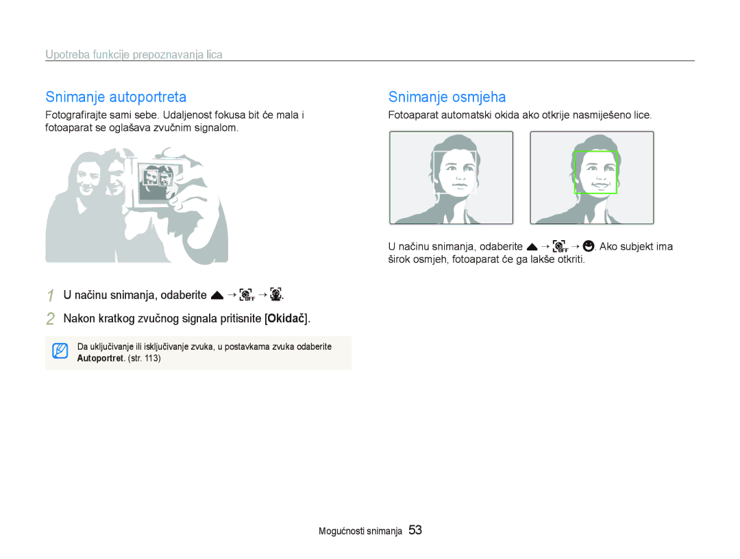 Samsung EC-ST5500BPBE3, EC-ST5500BPOE3 manual Snimanje autoportreta, Snimanje osmjeha, Upotreba funkcije prepoznavanja lica 