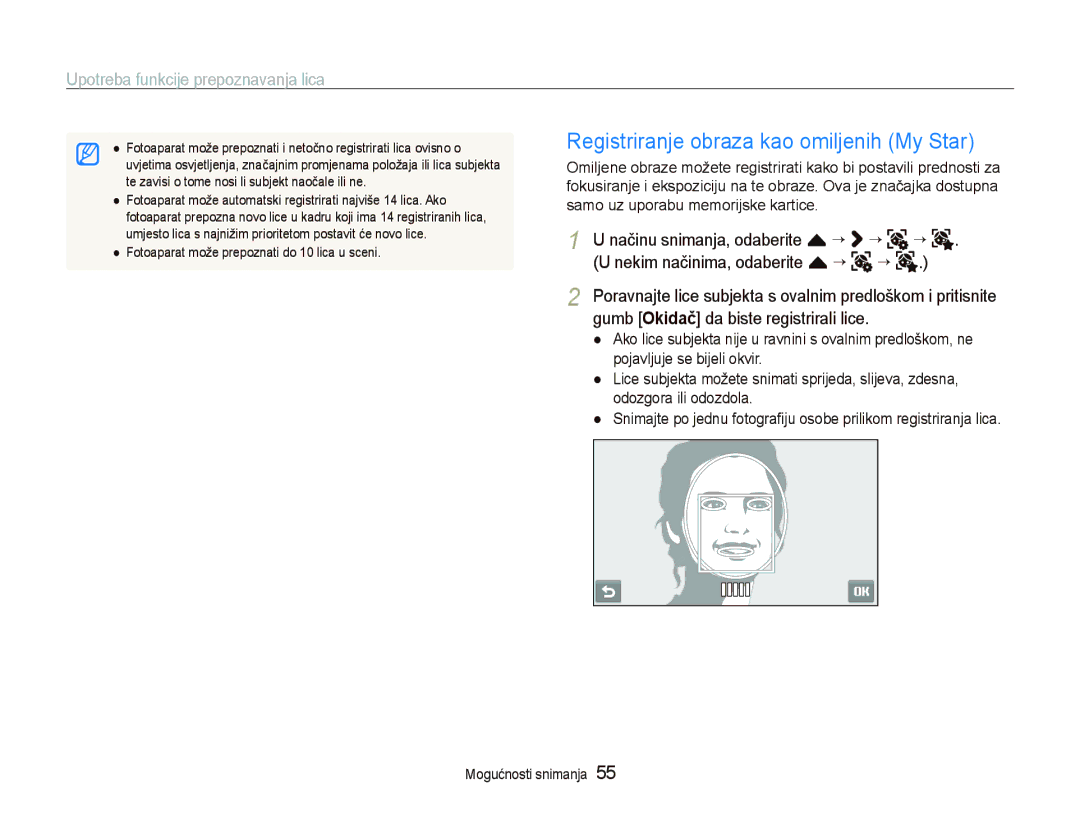 Samsung EC-ST5500BPAE3, EC-ST5500BPBE3, EC-ST5500BPOE3 manual Registriranje obraza kao omiljenih My Star 