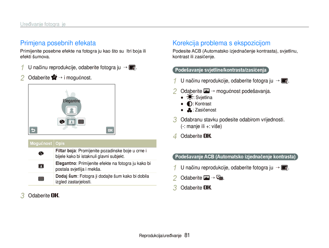 Samsung EC-ST5500BPOE3, EC-ST5500BPBE3, EC-ST5500BPAE3 manual Primjena posebnih efekata, Korekcija problema s ekspozicijom 