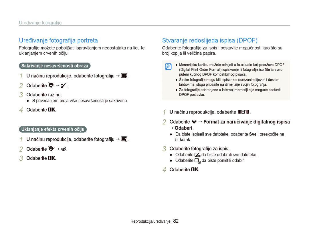 Samsung EC-ST5500BPAE3 Uređivanje fotograﬁja portreta, Stvaranje redoslijeda ispisa Dpof, Odaberite fotograﬁje za ispis 