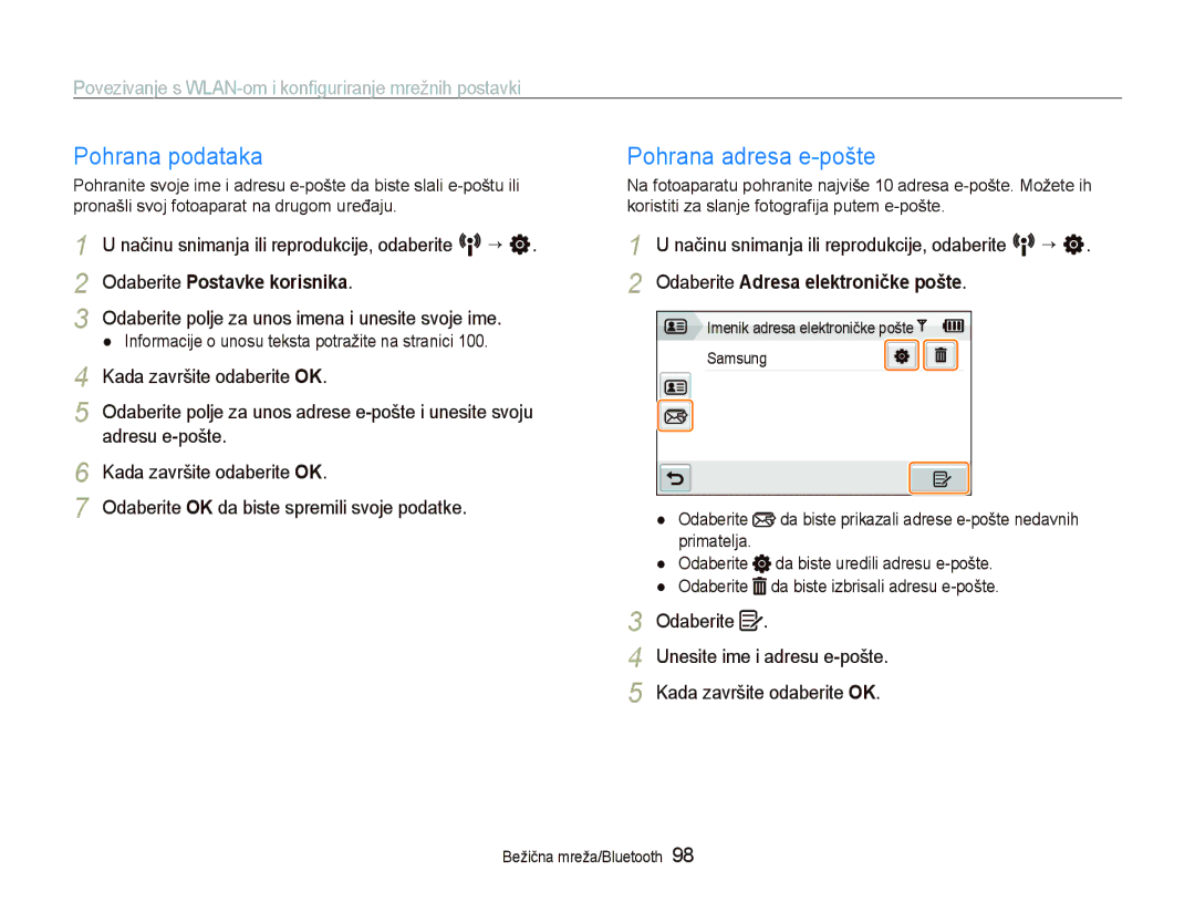 Samsung EC-ST5500BPBE3 manual Pohrana podataka, Pohrana adresa e-pošte, Odaberite Postavke korisnika, Adresu e-pošte 