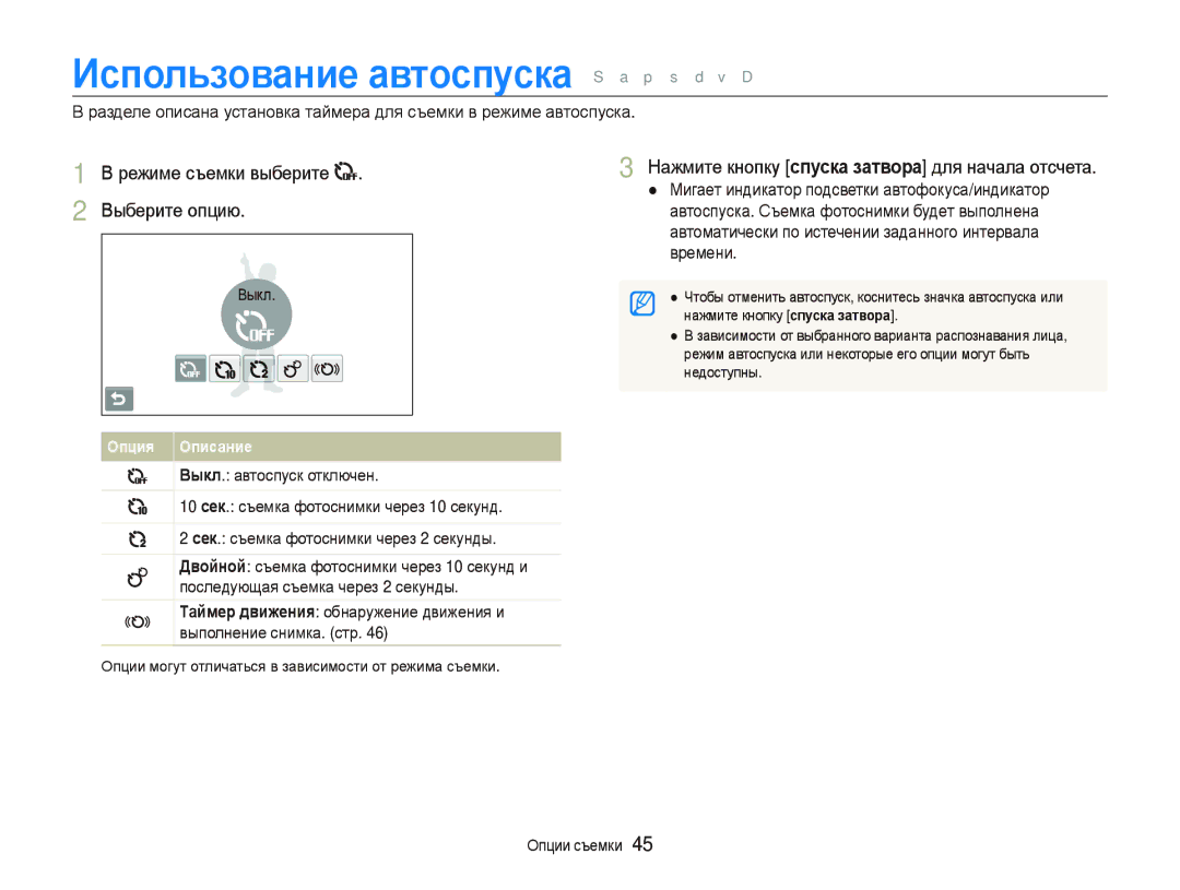 Samsung EC-ST5500BPBRU, EC-ST5500BPOE1 manual Использование автоспуска S a p s d v D, Режиме съемки выберите Выберите опцию 