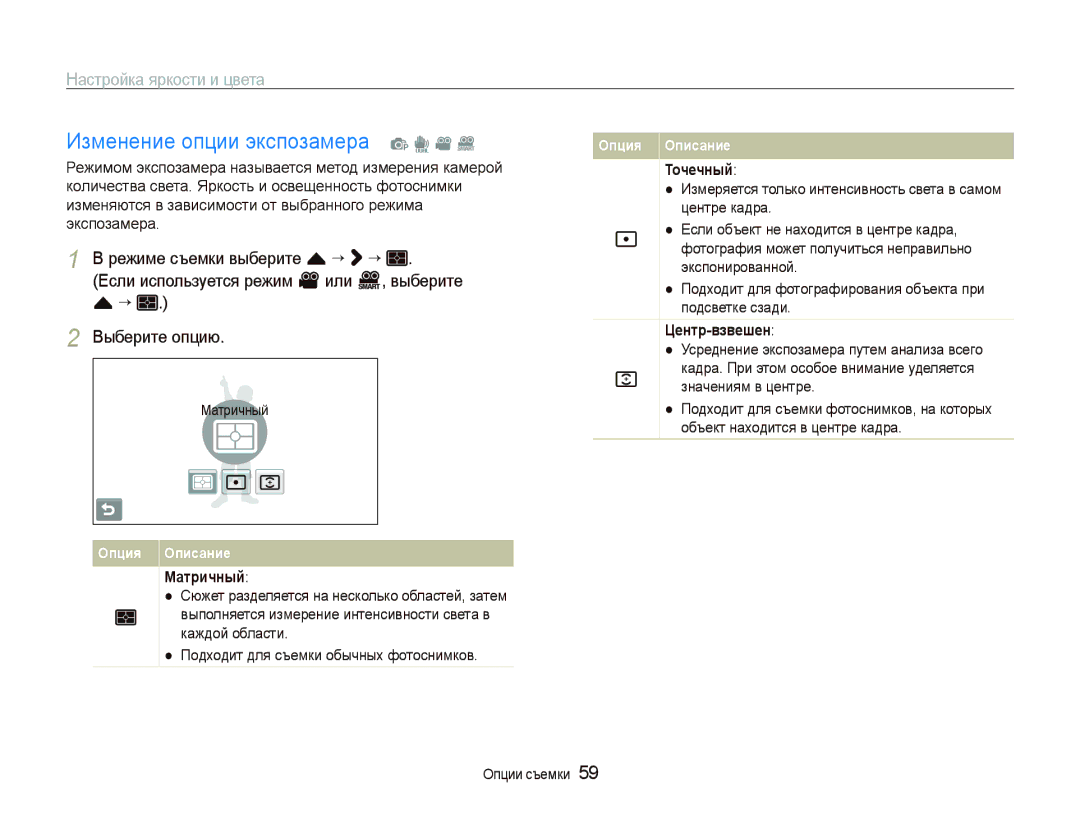 Samsung EC-ST5500BPOE1, EC-ST5500BPBRU manual Изменение опции экспозамера p d v D, Точечный, Центр-взвешен, Матричный 