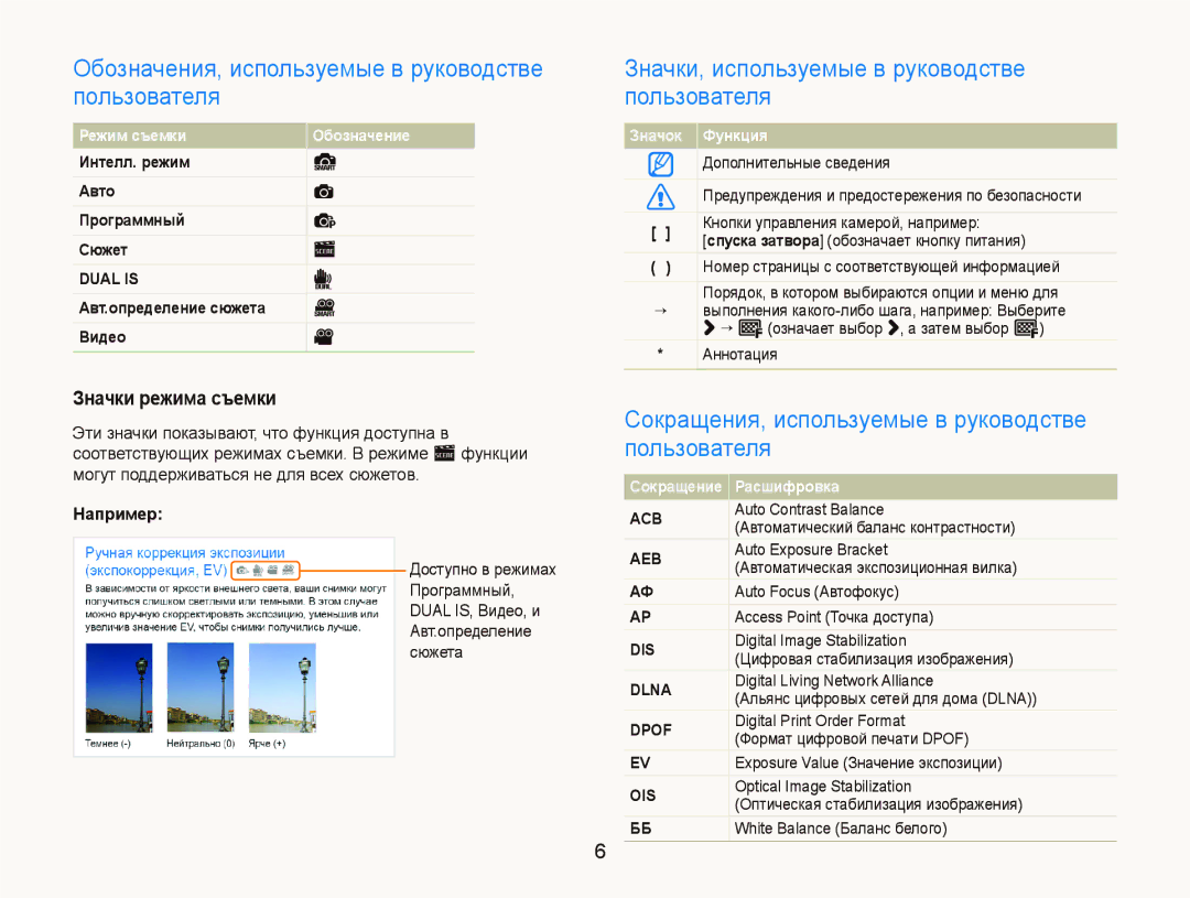 Samsung EC-ST5500BPARU manual Обозначения, используемые в руководстве пользователя, Значки режима съемки, Например 