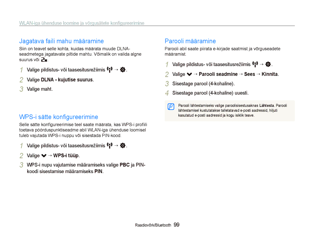 Samsung EC-ST5500BPOE1, EC-ST5500BPBRU manual Jagatava faili mahu määramine, WPS-i sätte konﬁgureerimine, Parooli määramine 