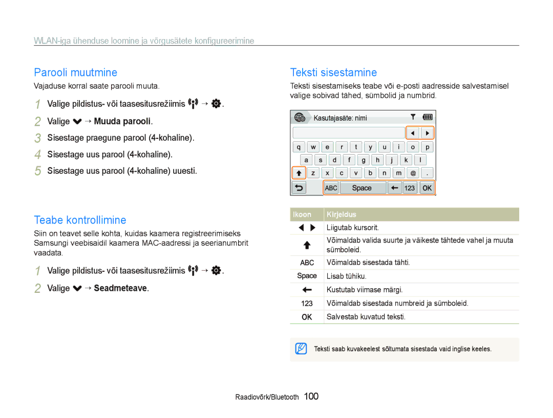 Samsung EC-ST5500BPBRU, EC-ST5500BPOE1, EC-ST5500BPARU manual Parooli muutmine, Teabe kontrollimine, Teksti sisestamine 