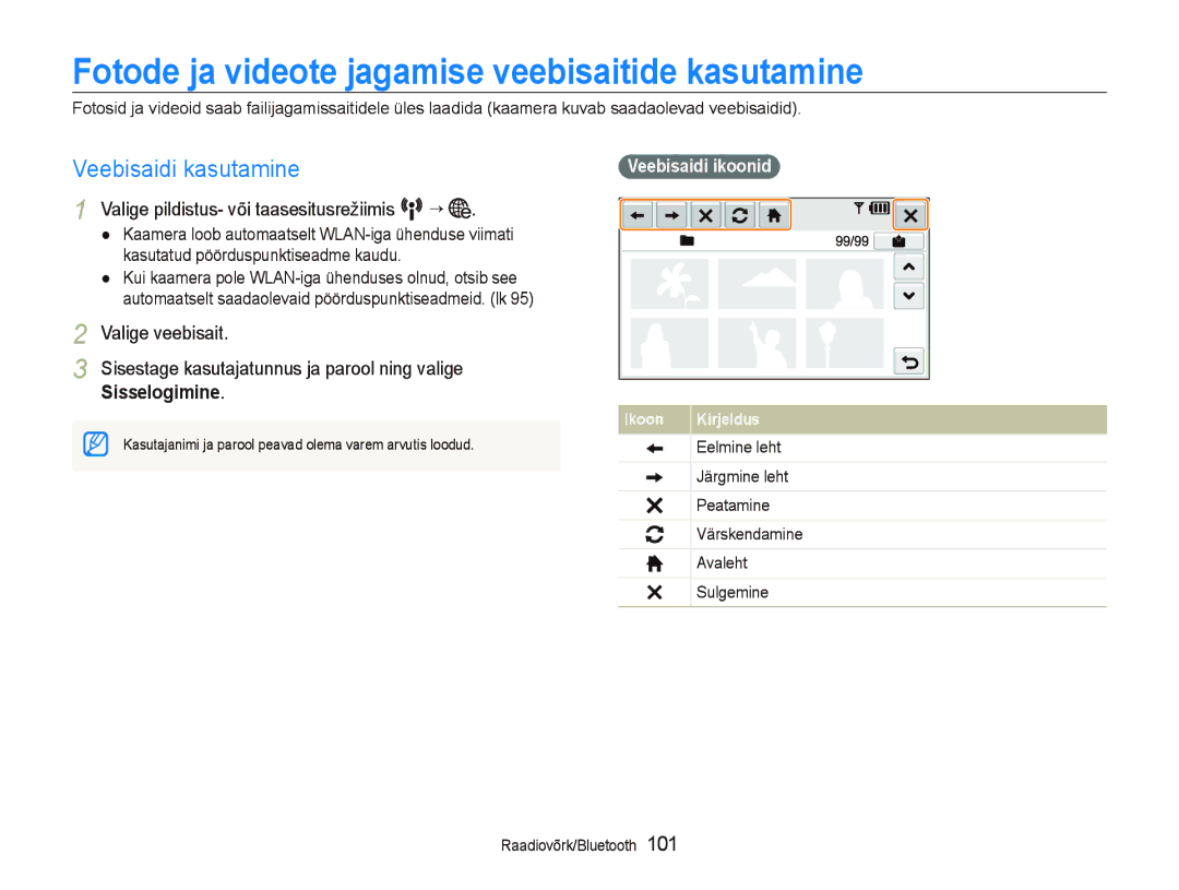 Samsung EC-ST5500BPARU manual Fotode ja videote jagamise veebisaitide kasutamine, Veebisaidi kasutamine, Veebisaidi ikoonid 