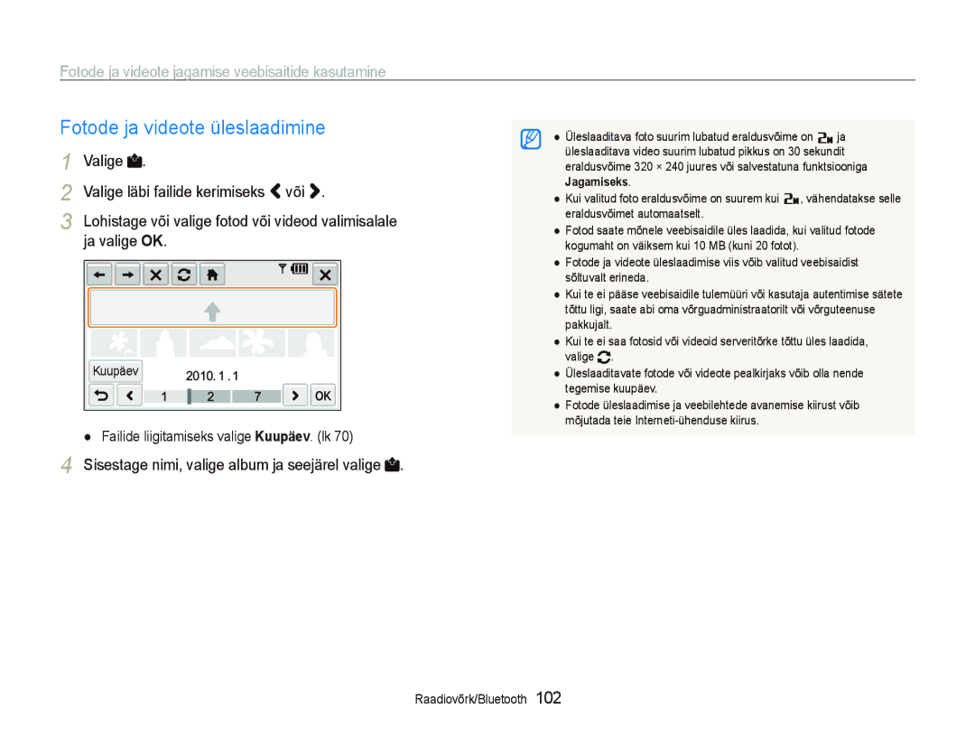 Samsung EC-ST5500BPAE1 Fotode ja videote üleslaadimine, Fotode ja videote jagamise veebisaitide kasutamine, Ja valige OK 