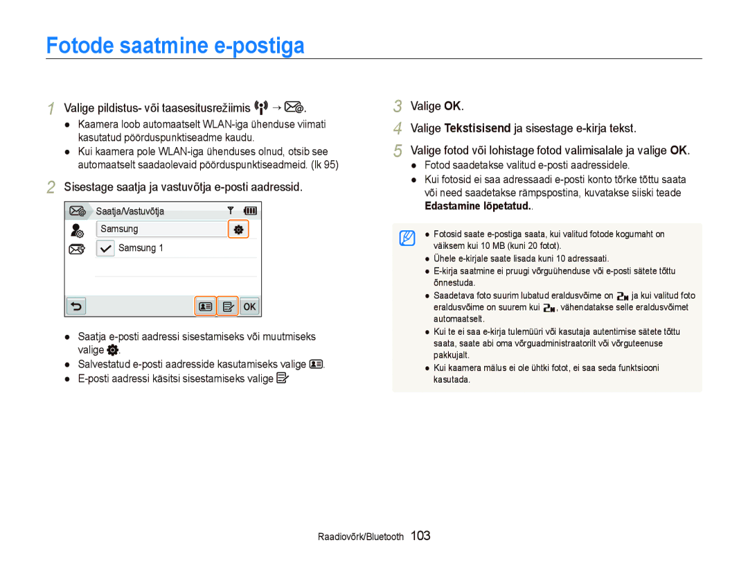 Samsung EC-ST5500BPOE1, EC-ST5500BPBRU manual Fotode saatmine e-postiga, Sisestage saatja ja vastuvõtja e-posti aadressid 