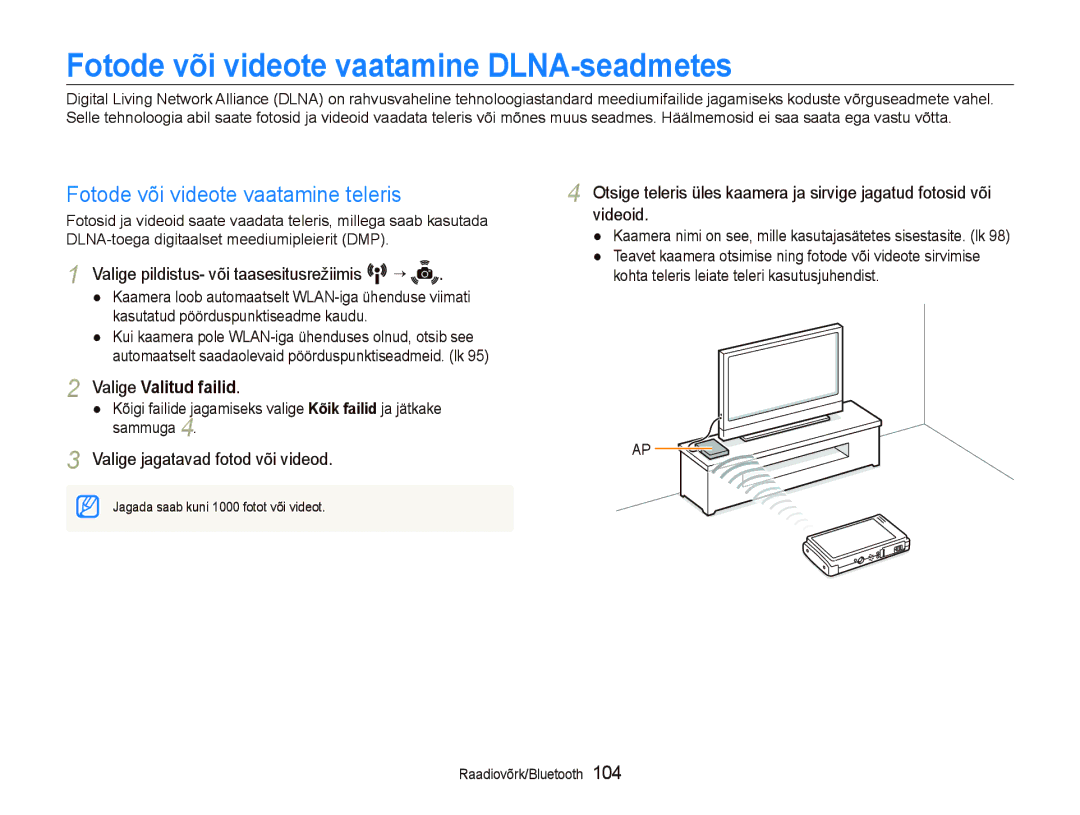 Samsung EC-ST5500BPBRU, EC-ST5500BPOE1 Fotode või videote vaatamine DLNA-seadmetes, Fotode või videote vaatamine teleris 