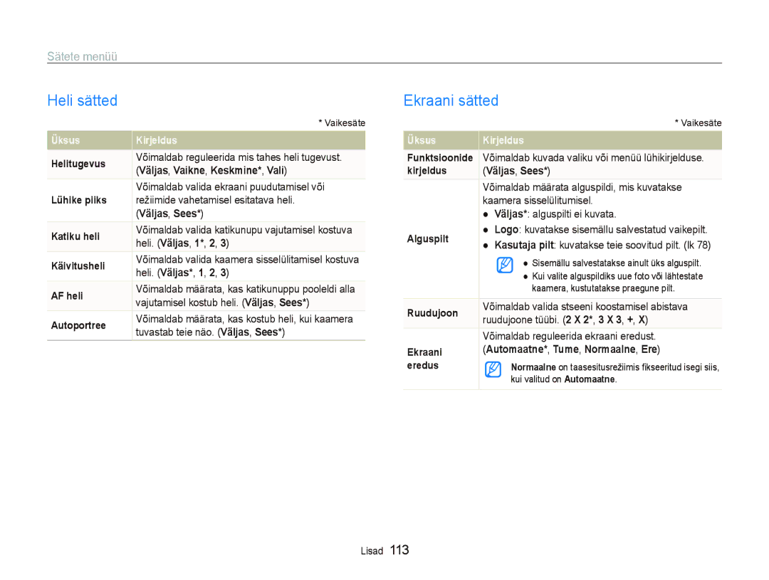 Samsung EC-ST5500BPARU, EC-ST5500BPOE1, EC-ST5500BPBRU, EC-ST5500BPAE1 manual Heli sätted, Ekraani sätted, Sätete menüü 
