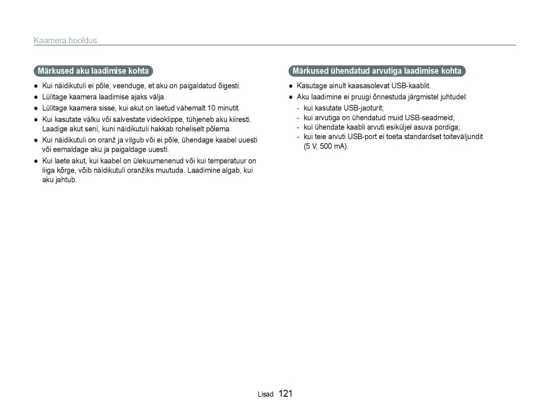 Samsung EC-ST5500BPARU, EC-ST5500BPOE1 manual Märkused aku laadimise kohta, Märkused ühendatud arvutiga laadimise kohta 