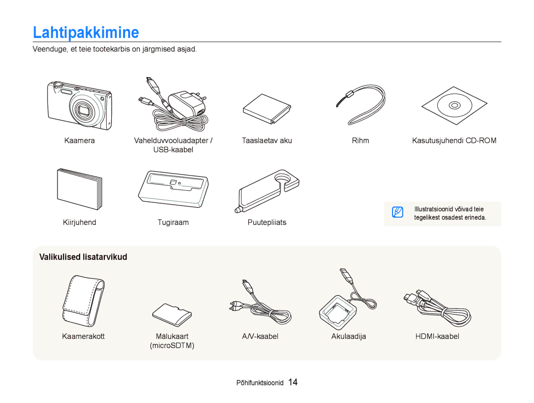 Samsung EC-ST5500BPAE1, EC-ST5500BPOE1, EC-ST5500BPBRU, EC-ST5500BPARU manual Lahtipakkimine, Valikulised lisatarvikud 